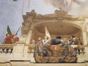 التفاصيل من رمزية إيطاليا ، لوحة جدارية بواسطة سيزار مارياني (1826-1901) ، السقف ، قاعة الأغلبية ، قصر المالية ، روما. إيطاليا بواسطة سيزار مارياني