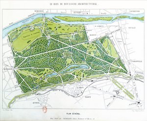 خطة Bois de Boulogne في باريس ، التي نشرتها Caudrilier ، 1860 بواسطة Ch. Walter