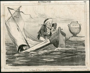 Illustration of Cham (1819-1879) in Le Charivari, circa 1850 - The Prince of Joinville having a bad pilot - Elections, President of the Republic, Maritime Marine Nautique Balneaire - Thiers Adolphe, Francois d