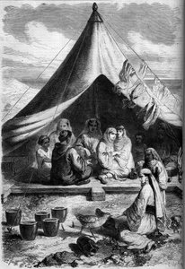 لجأت عائلة يهودية من المغرب إلى ساحل جبل طارق في عام 1860. وفقًا لمخطط السيد يريارت. نقش في "" Le Monde Illustré "" رقم 146 بتاريخ 28 يناير 1860. بواسطة تشارلز (بعد) يريارت