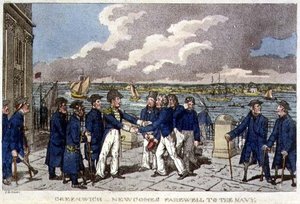 غرينتش ، وداع نيوكوم للبحرية ، لوحة من مغامرات جوني نيوكوم في البحرية لجون ميتفورد (1782-1831) 1818 (ليثو) بواسطة تشارلز (1797-1850) (بعد) ويليامز