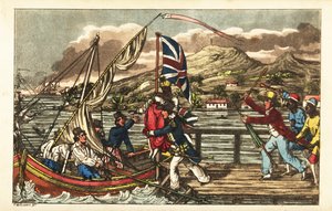 English Navy officer kidnapping an enslaved woman on Barbados Pier, pursued by her owner husband and plantation workers بواسطة تشارلز (1797-1850) (بعد) ويليامز