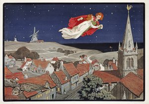 Peter and Wendy Flying from Peter Pan by J M Barrie (1860-1937)، pub 1904 (color litho)