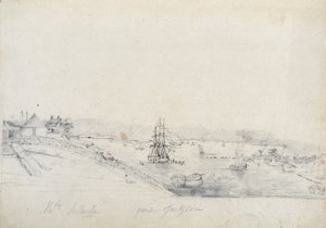 على اليمين ، معسكر الفرنسيين لبعثة Baudin الاستكشافية إلى نقطة Bennelong ، يسارًا ، سيدني ، منزل نيكولاس بايلي - قلم رصاص وحبر بواسطة Charles Alexandre Lesueur بواسطة تشارلز الكسندر ليسويور