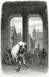 Quasimodo ينقذ Esmeralda من الإعدام - صورة توضيحية من Notre Dame de Paris ، القرن التاسع عشر (النقش بالأبيض والأسود) بواسطة تشارلز الكسندر ليسويور