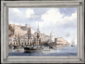 Vue de Malte (منظر في مالطا) (ميناء فاليتا الكبير مع حصن سانت أنجيلو) - رسم لتشارلز أندرو دايس (1816-1853) ، ألوان مائية على ورق (25.1 × 34.9 سم) ، حوالي 1849 - جامعة ييل (الولايات المتحدة الأمريكية) بواسطة تشارلز أندرو دايس