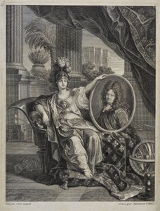 لويس الرابع عشر (1638-1715) ، ملك فرنسا ، حامي العلوم - نقش بواسطة أنطوان كويبل في "تاريخ الأكاديمية الملكية للعلوم" 1703 بواسطة تشارلز انطوان (بعد) كويبل
