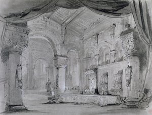 تعيين تصميم القصر الداخلي لأداء أوبرا "Macbeth" من قبل جوزيبي فيردي (1813-1901) في مسرح Lyrique ، Chatelet ، 1865 (فحم أبيض وأبيض طباشير على ورق) بواسطة تشارلز أنطوان كامبون