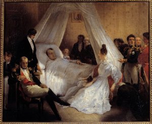 الإمبراطور نابليون الأول (1769-1821) على فراش موته 5/05/1821 في جزيرة سانت هيلين لوحة لتشارلز أوغسطس ستوبين (1788-1856) 1821 صن. 0،37x0،45 م إيل دايكس ، متحف نابليون