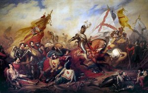 حروب الدين (1562-1598): "" الملك هنري الرابع ملك فرنسا (1553-1610) في معركة إيفري في 14/3/1590 "انتصر الجيش الملكي على جيش الرابطة الكاثوليكية. تفاصيل اللوحة التي رسمها شارل دي ستوبين (1788-1856) من القرن التاسع عشر. 4،2x8،1 م - وا