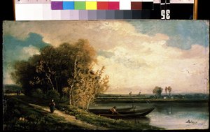 "La berge" (الساحل) منظر طبيعي على ضفاف النهر مع صياد وامرأة فلاحة. لوحة تشارلز بارتيليمي جان دوروبت (1804-1838) متحف ميخائيل كروشيتسكي للفنون في القرن التاسع عشر ، سيفاستوبول (سيفاستوبول) أوكرانيا بواسطة تشارلز بارتيليمي دوروبت