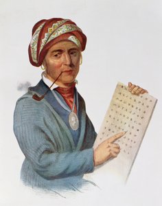 Se-quo-yah أو George Guess ، 1828 ، رسم توضيحي من "القبائل الهندية لأمريكا الشمالية ، المجلد 1" ، بقلم توماس ل. مكيني وجيمس هول ، الحانة. جون جرانت بواسطة تشارلز بيرد كينج