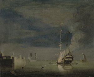 من طابقين تحترق في الليل قبالة حصن ، حوالي عام 1740 (زيت على قماش) بواسطة تشارلز بروكينج