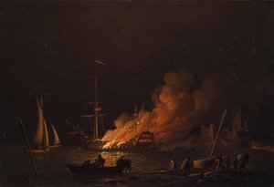 السفينة مشتعلة في الليل ، كاليفورنيا 1756