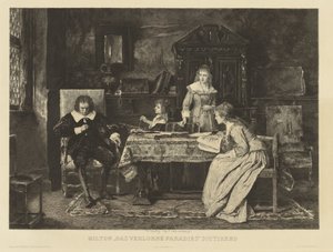 يجلس على كرسي ، يملي ميلتون جنته التي فقدها لإحدى بناته. في دن r.o.h Munkacsy عام 1878. في الهامش: الفصل. Courty d