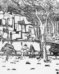 People looking at source, woodcut by Charles Doudelet (1861-1938) for Pelleas and Melisande by Maurice Maeterlinck (1862-1949), published by Claudio Argentieri, Spoleto, Italy بواسطة تشارلز دوديليت