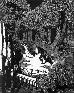Woodcut by Charles Doudelet (1861-1938) for Pelleas and Melisande by Maurice Maeterlinck (1862-1949), published by Claudio Argentieri, Spoleto, Italy بواسطة تشارلز دوديليت