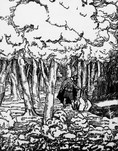 Woodcut by Charles Doudelet (1861-1938) for Pelleas and Melisande by Maurice Maeterlinck (1862-1949), published by Claudio Argentieri, Spoleto, Italy بواسطة تشارلز دوديليت