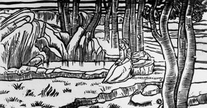 Woodcut by Charles Doudelet (1861-1938) for Pelleas and Melisande by Maurice Maeterlinck (1862-1949), published by Claudio Argentieri, Spoleto, Italy بواسطة تشارلز دوديليت