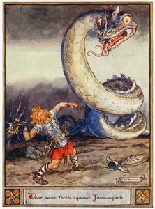 "ثور ذهب ضد Jormungand" ، التوضيح من "أبطال Asgard ، حكايات الأساطير الاسكندنافية" ، بقلم أوند إي كيري ، 1930 بواسطة تشارلز إدموند بروك