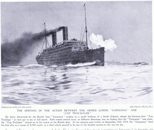العمل الافتتاحي بين البطانات المسلحة Carmania و Cap Trafalgar ، جنوب المحيط الأطلسي ، سبتمبر 1915 بواسطة تشارلز إدوارد ديكسون