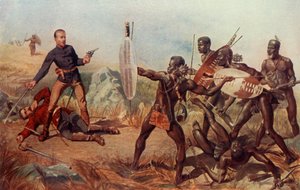"الملازمان ميلفيل وكوجيل 24 الفوج يحتضران لإنقاذ ألوان الملكة" ، 1900. بواسطة تشارلز إدوين فريب
