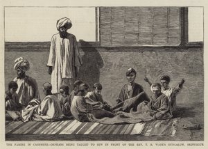المجاعة في الكشمير ، يتعلم الأيتام الخياطة أمام البنغل TR Wade&39;s ، Srinuggur بواسطة تشارلز إدوين فريب