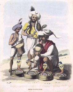 ساحر الأفاعي بالقرب من قرية مانوبار ، اللوحة 24 من "رسومات شرقية" ، نقشها حانة ويليام إليس (1747-1810). 1806 (أكواتينت)
