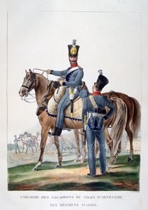 زي سرب من قطار مدفعية حصان لفوج سويسري ، فرنسا ، 1823. بواسطة تشارلز إتيان بيير موت