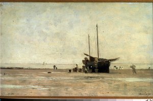 "" Seascape "" مركب شراعي على الرمال عند انخفاض المد. لوحة تشارلز فرانسوا دوبيني (1817-1878) 1868-1872 متحف بوشكين ، موسكو بواسطة تشارلز فرانسوا داوبيني