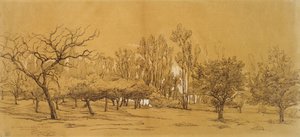 منظر لبستان في سانت دينيس (قلم وحبر أسود ، مرتفع بلون الجسم الأبيض ولمس بالطباشير الأسود أو الفحم ، على ورق أبيض باهت). بواسطة تشارلز فرانسوا داوبيني