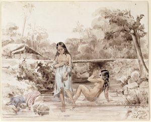 الاستحمام تاهيتيون ، 1844 (قلم وغسل على ورق) بواسطة تشارلز جيرو