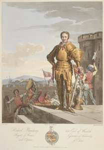 ريتشارد بوشامب (1381-1439) إيرل وارويك ، آنو 1439 ، رسم توضيحي من "زي السكان الأصليين للجزر البريطانية من الفترات المبكرة حتى القرن السادس ..." للسير صموئيل راش ميريك وسي. سميث ، تم نشره عام 1815 (ملون بواسطة تشارلز هاميلتون (بعد) سميث