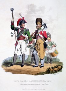 زي طبل رائد لفوج من الخط - رائد شركة Grenadier ، من "زي الإمبراطورية البريطانية ، وفقًا للوائح الأخيرة" ، نشر عام 1815 (أكواينت ملونة باليد)