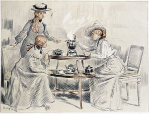 سيدات يتناولن الشاي حول السماور الصغير - رسم هنري تينري ، كاليفورنيا. 1910 بواسطة تشارلز هنري تينري