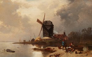 بالألمانية: Bockwindmühle an einem Seeufer Post Mill على شاطئ بحيرة