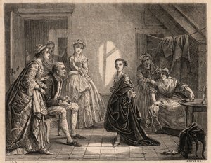 طفولة مادموزيل كليرون: الشابة كلير جوزيف (كلير جوزيف) ليريس (1723-1803) تتلو آيات المسرحية التي شاهدتها للتو. أصبحت ممثلة كوميدية تحت اسم "Mademoiselle Clairon" أو "" La Clairon ". نقش 1862 من الرسام بواسطة تشارلز هاوسز