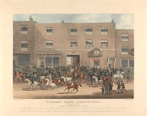 مطاردة برج الكنيسة [مجموعة من ستة]: مطاردة القديس ألبانز جراند ستيبل. / 8 آذار (مارس) 1832. اللوحة 1. الاستعداد للبدء ... بواسطة تشارلز هانت