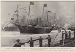 The Coronation Naval Review at Spithead ، 16 أغسطس ، يخت صاحب الجلالة ، فيكتوريا وألبرت ، مع الملك على متنها ، يمر عبر الخطوط