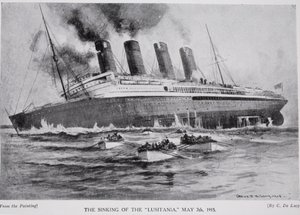 غرق لوسيتانيا ، 7 مايو 1915 ، توضيح من "قصة هتشنسون عن الأمة البريطانية" ، ج 1920 بواسطة تشارلز جون دي لاسي