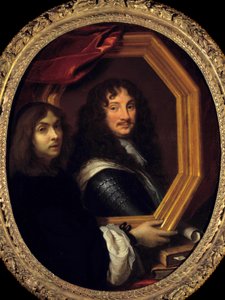 Portrait of the artist (or self-portrait) presenting that of a military Painting by Charles Lebrun (Le Brun) (1619-1690) 17th century Sun. 1,04x0,85 m - Portrait of the artist (or self-portrait) holding the portrait of a military. Painting by Charles Lebru بواسطة تشارلز لو برون
