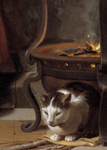 نوم الطفل يسوع بالتفصيل يصور قطة نائمة تحت الموقد. لوحة تشارلز ليبرون (لو برون) (1619-1690) 1655 صن. 0،87 × 1،18 م بواسطة تشارلز لو برون