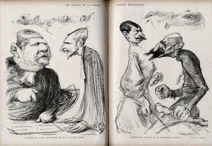 قضية دريفوس - ممثلو كوميديا دريفوسيان العظيمة - المحامي فرناند لابوري (1860-1917) - المحامي لويس ليبلوا (1854-1928) - القائد فرديناند والسين إسترهازي (1847-1923) - الجنرال جورج بيكوارت (1854-1914) ) - كاريكاتير لشارل بواسطة تشارلز ليندر