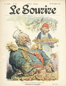 رسم توضيحي لتشارلز ليندر (1862-1934) لغلاف Le Smile ، العدد 48 ، 28/11/12 - ابتسامة آكل الكرواسان - تركيا ، الشرق ، البلقان ، بلغاريا - فرديناند دي بلغاريا بواسطة تشارلز ليندر