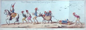 المتطوعون الفرنسيون يسيرون في مسيرة غزو بريطانيا العظمى ، حفرها جيمس جيلراي (1757-1815) التي نشرتها هانا همفري في عام 1803 (نقش ملون يدويًا)