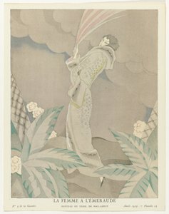 Gazette du Bon Ton 1923، No. 5، Pl. 23: The Emerald Woman - Tiger coat ، بقلم ماكس ليروي (العنوان على الجسم) بواسطة تشارلز مارتن