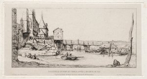 جسر المشاة يحل محل جسر التبادل مؤقتًا ، باريس ، بعد حريق 1621 ، 1860. بواسطة تشارلز ميريون