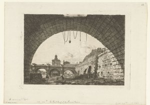 Gezicht op Pont-Neuf van onder boog Pont-au-Change في باريس ال Pont Neuf و Samaritaine من تحت القوس الأول من Pont au Change بواسطة تشارلز ميريون