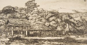 الحظائر والأكواخ الأصلية في أكاروا ، شبه جزيرة البنوك ، 1845 ، 1860. بواسطة تشارلز ميريون
