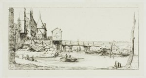 استبدال جسر المشاة مؤقتًا جسر Pont-au-Change ، باريس ، بعد حريق عام 1621 بواسطة تشارلز ميريون